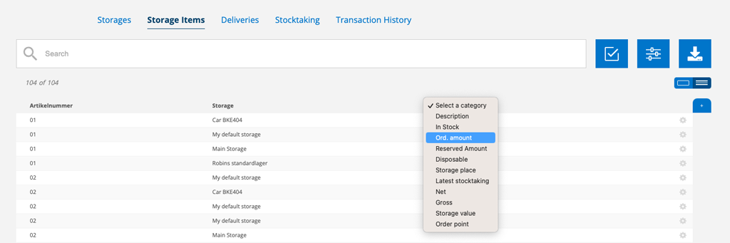 Storage items - select categories