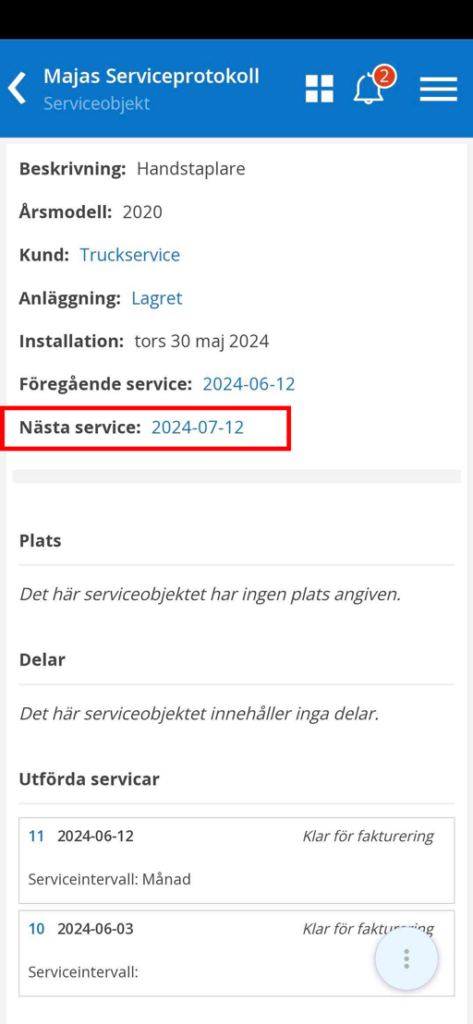 Klicka på Nästa service-datum om du ska utföra en service.