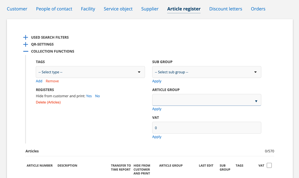 Collection function for the article register