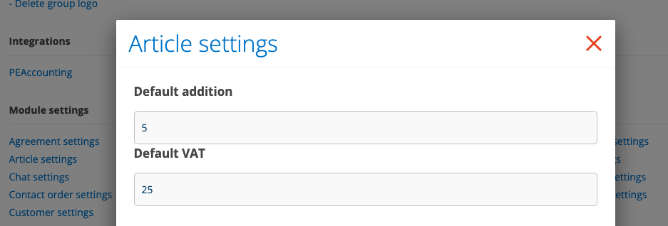 Article module - here you set additions and standard VAT