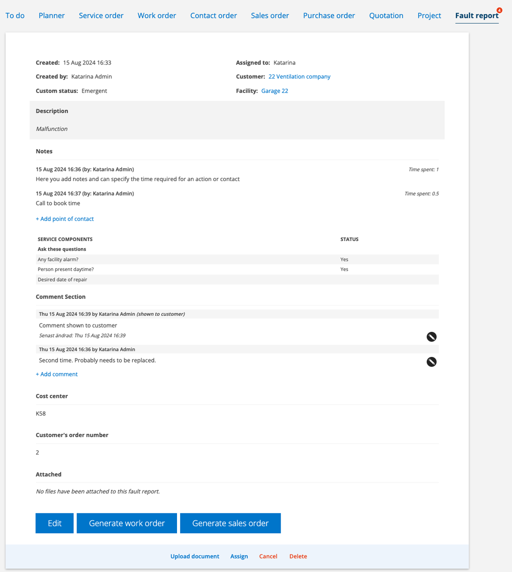 Example on fault report