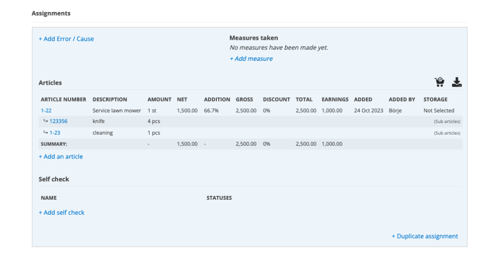 Example of an order with items with sub-items