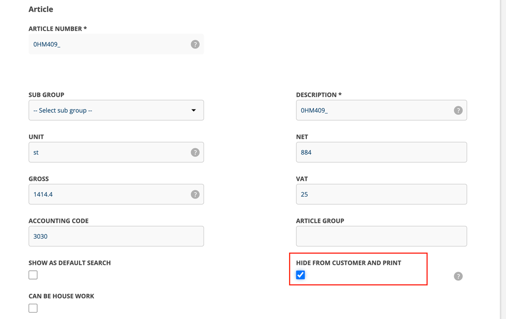 Article with "Hide from customer and print" checked
