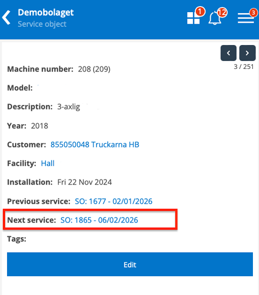Click Next service date if you are going to perform a service.